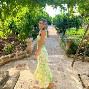 Sandro Green & White Floral Maxi Dress - V-Neck & Cutout Back